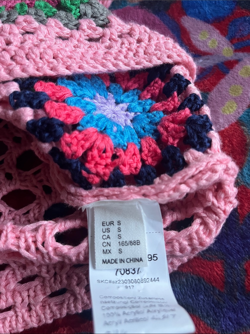 Boho Acrylic Pink Crochet Granny-Square Button Cardigan Sweater Size Small - Picture 7 of 9